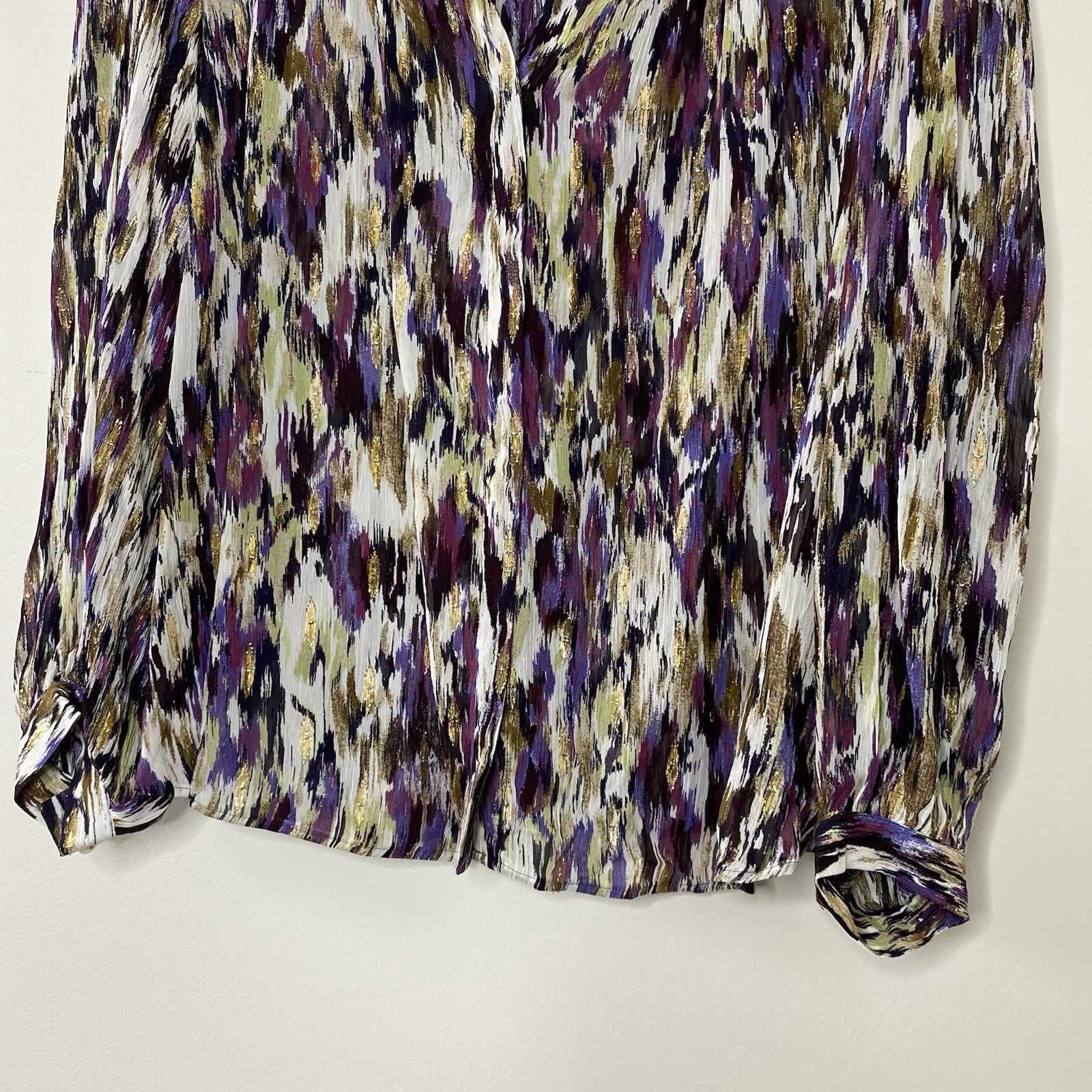 Chicos Purple Metallic Button Up Shirt Crinkled Semi-sheer Lightweight Sz 3.5/18