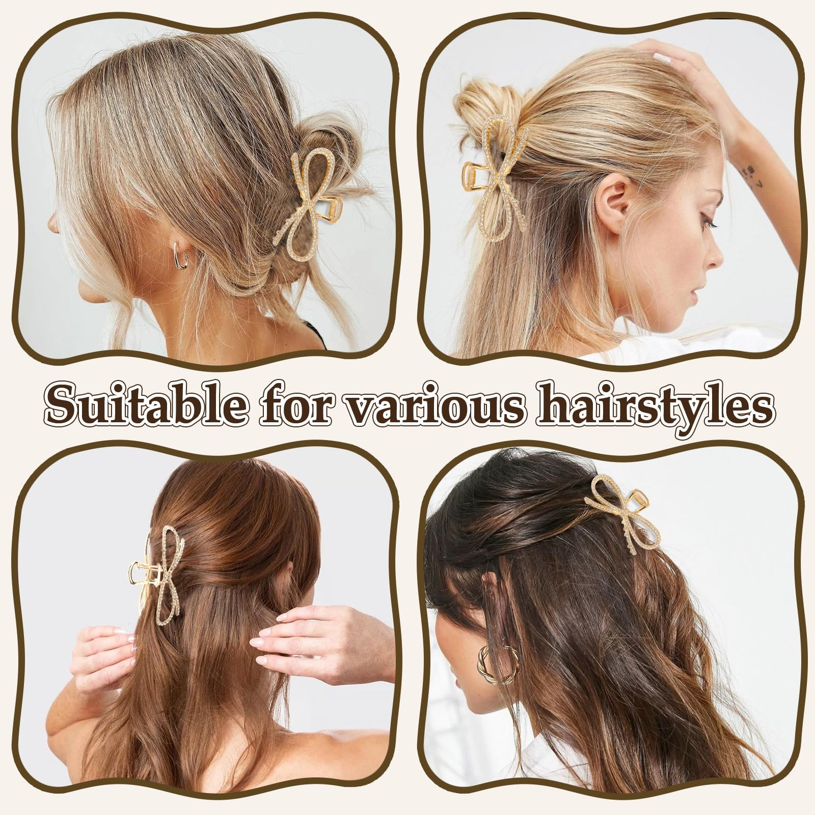 Vovii 2Pcs Gold Bow Claw Clips for Women, Cute Stylish Metal Hair