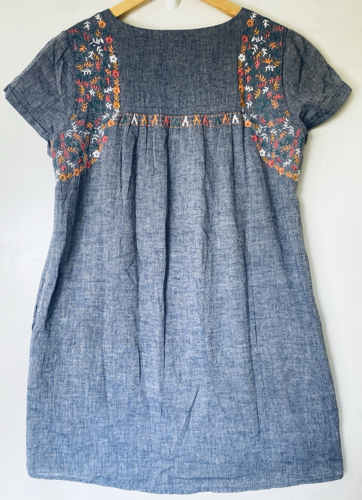 THML Embroidered Chambray Tunic Dress Blue Boho Peasant Floral Cotton Size S