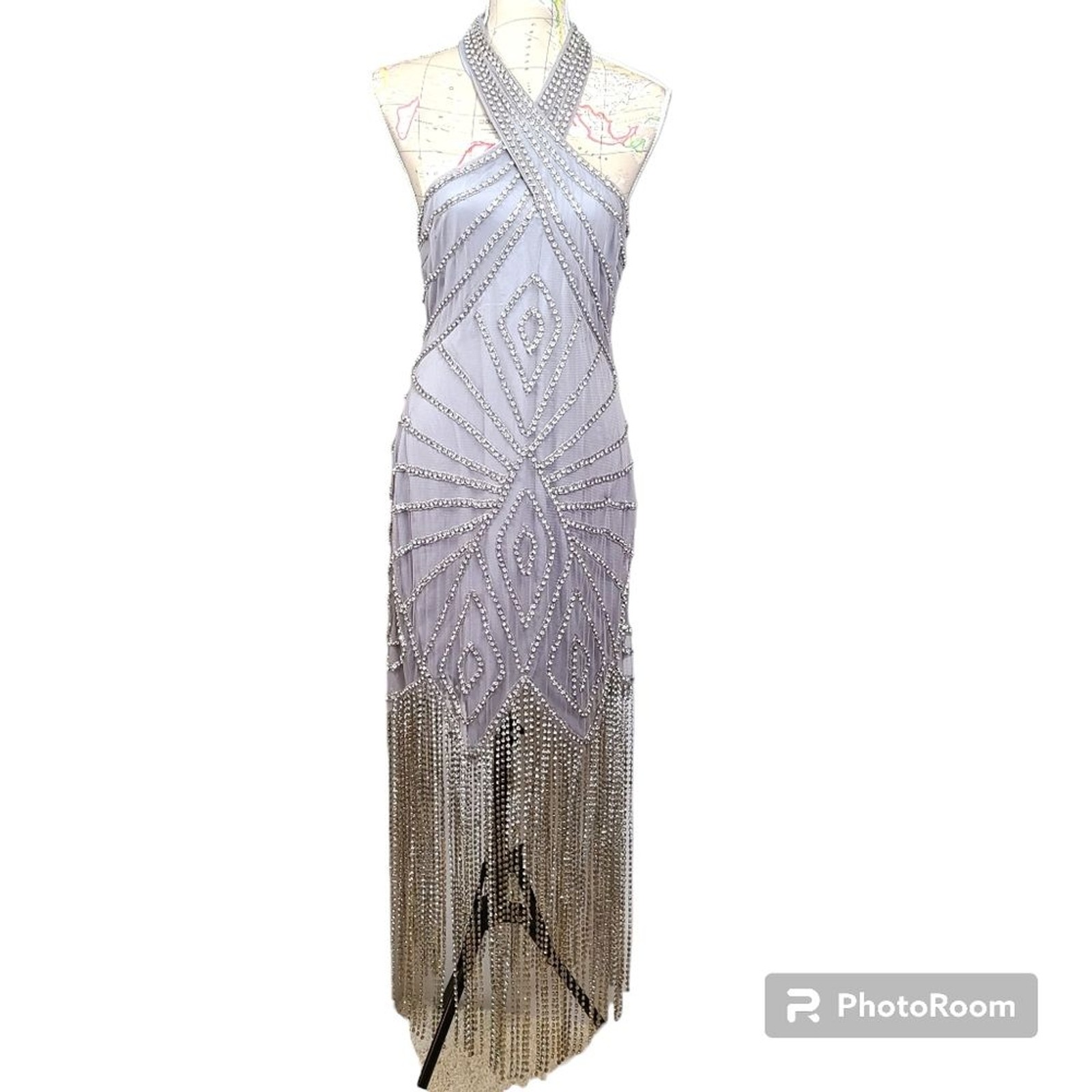 ASOS Design Size 14 Last Showgirl Silver Rhinestone Halterneck Fringed Dress NWT