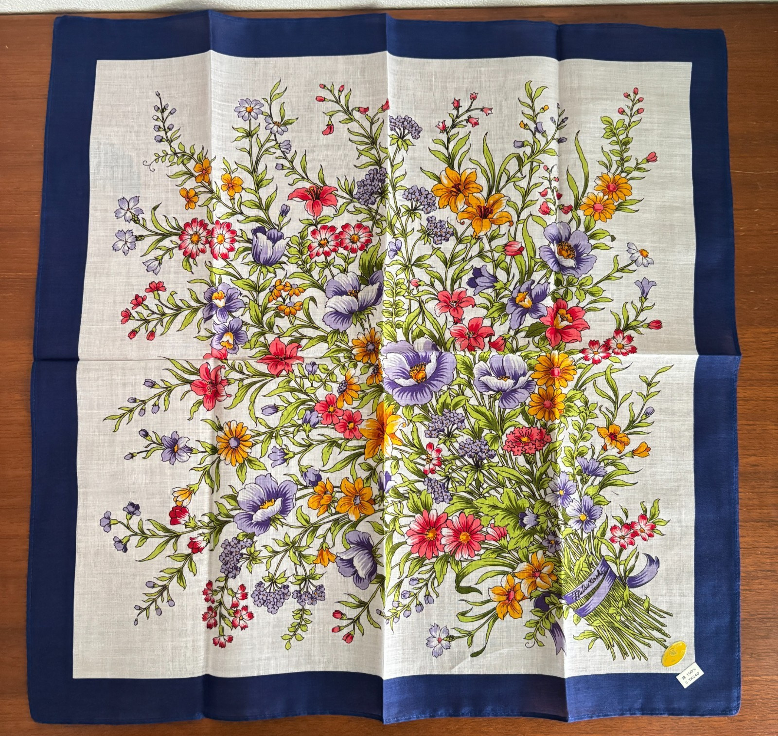 RARE Vintage Mitsukoshi Scarf Handkerchief 2pc Set Floral Pink Navy Cotton Japan