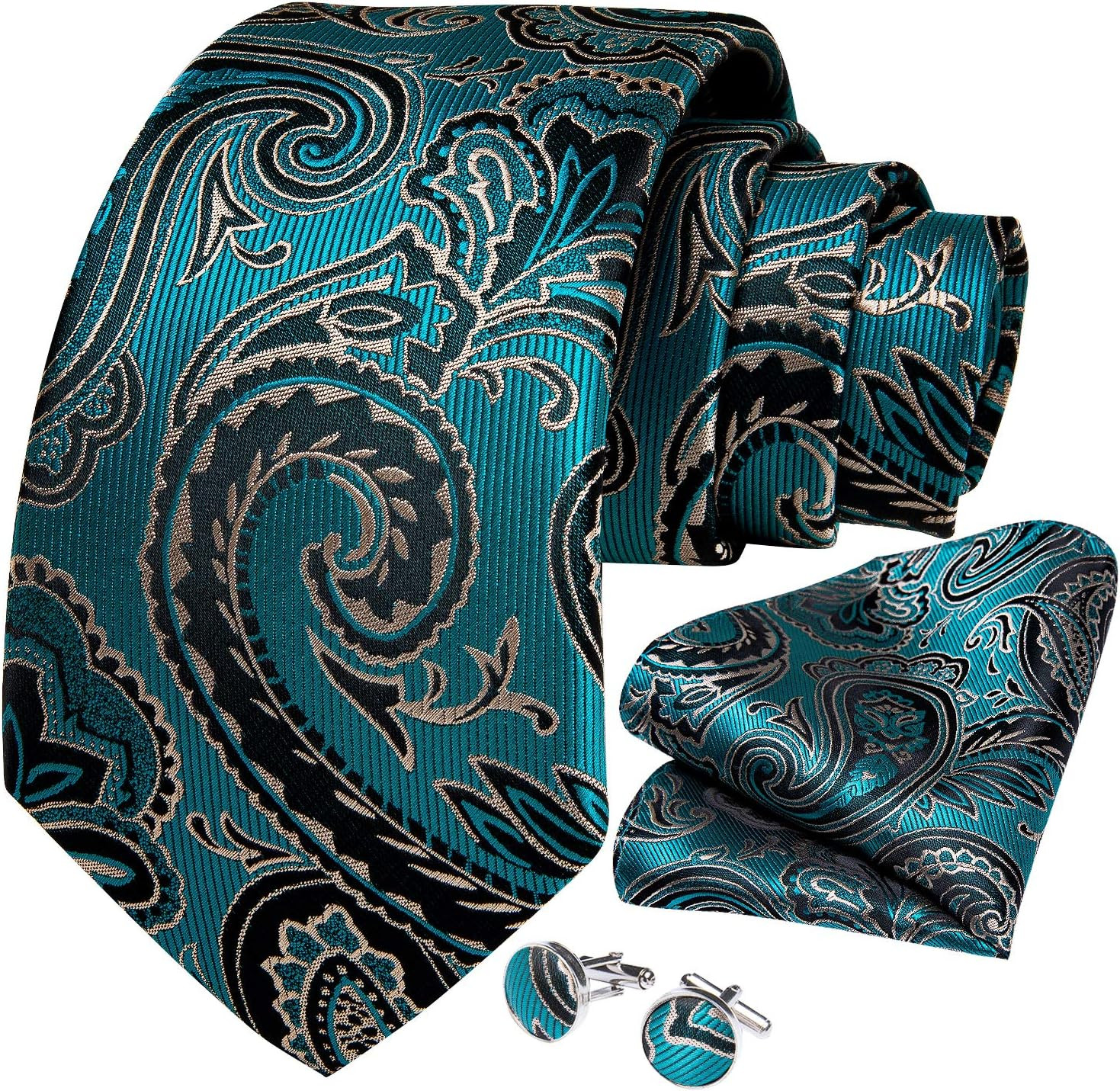 Mens Tie Set Silk Solid Paisley Necktie and Pocket Square Cufflinks Classic Form