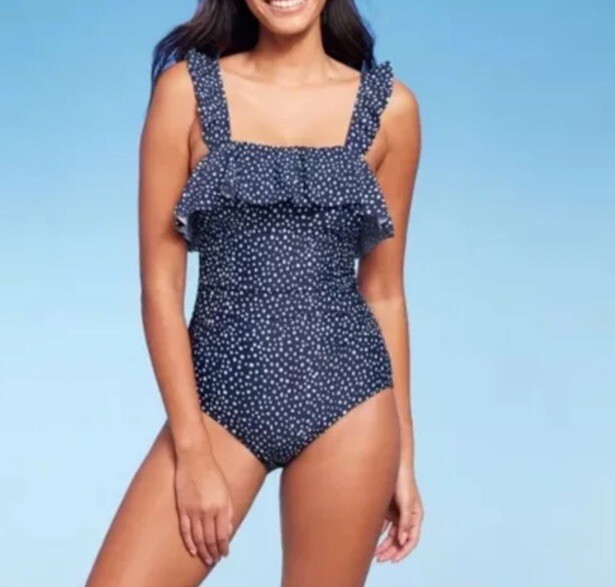 Women’s Kona Sol Ruffled One-piece Swimsuit Blue Polka Dot L Retail $40