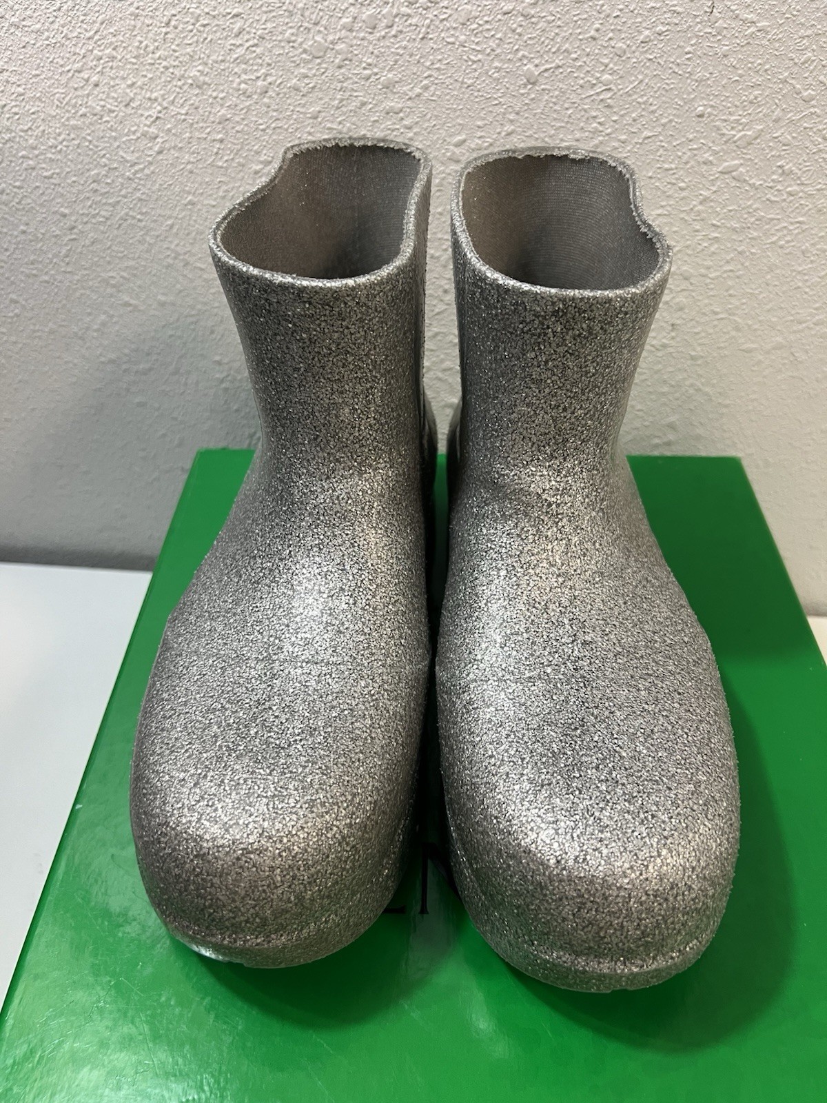 Bottega Veneta Puddle Boots 38 Icon Rainboots Silver Glitter Platform PVC Rubber