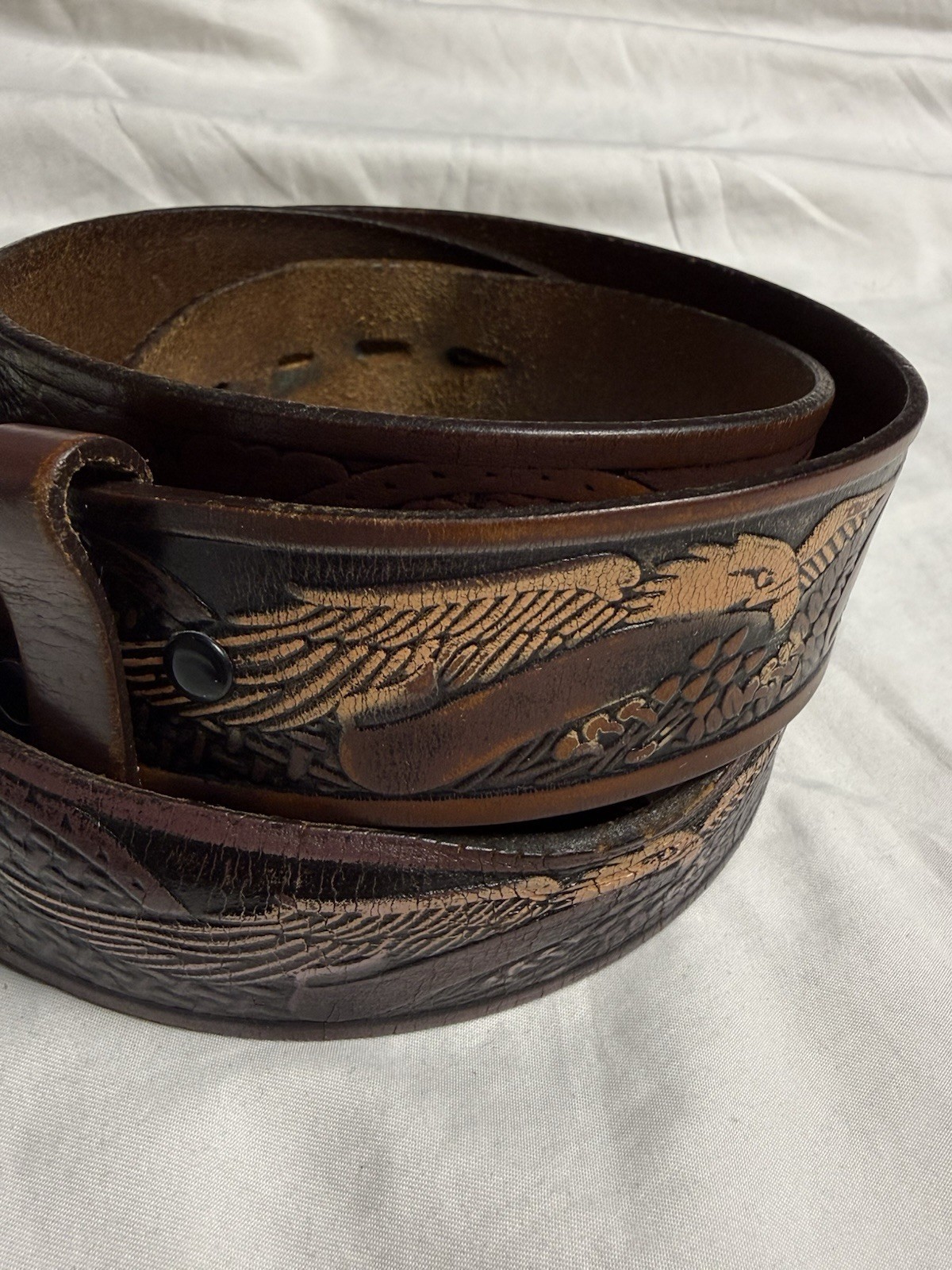 Wrangler Eagle Tooled Leather Western Belt Mens Size 42 Vintage Brown Cowboy