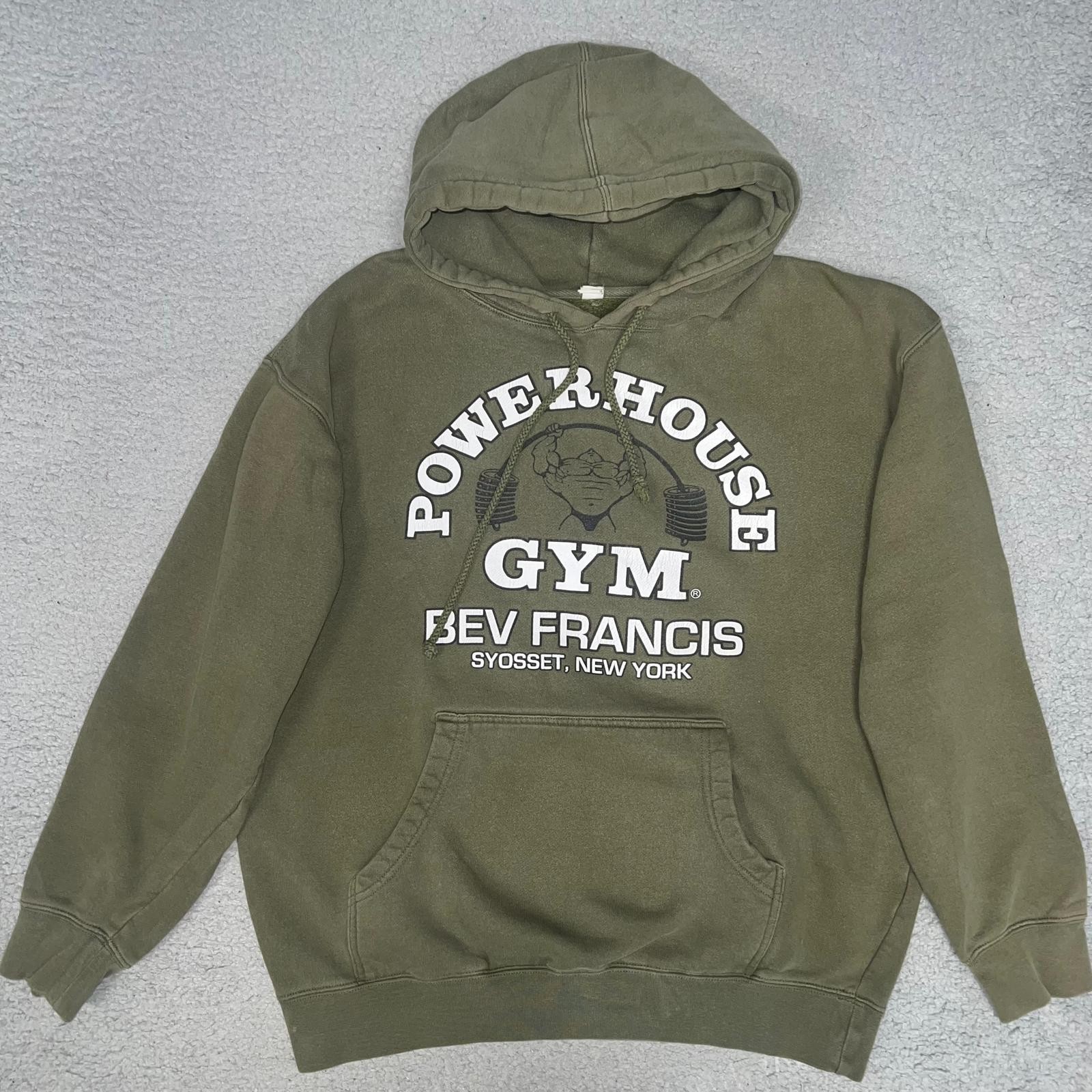 VTG Powerhouse Gym Bev Francis Hoodie Men’s Sz L Green Syosset New York 2-Sided