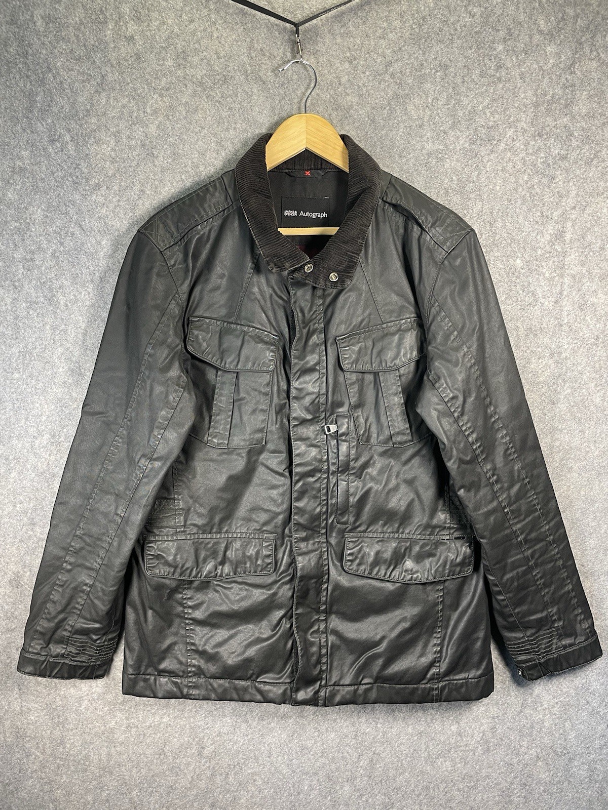 M&S Waxed Jacket Mens Medium Black Carbon Military Colour Padded Lining Outdoor