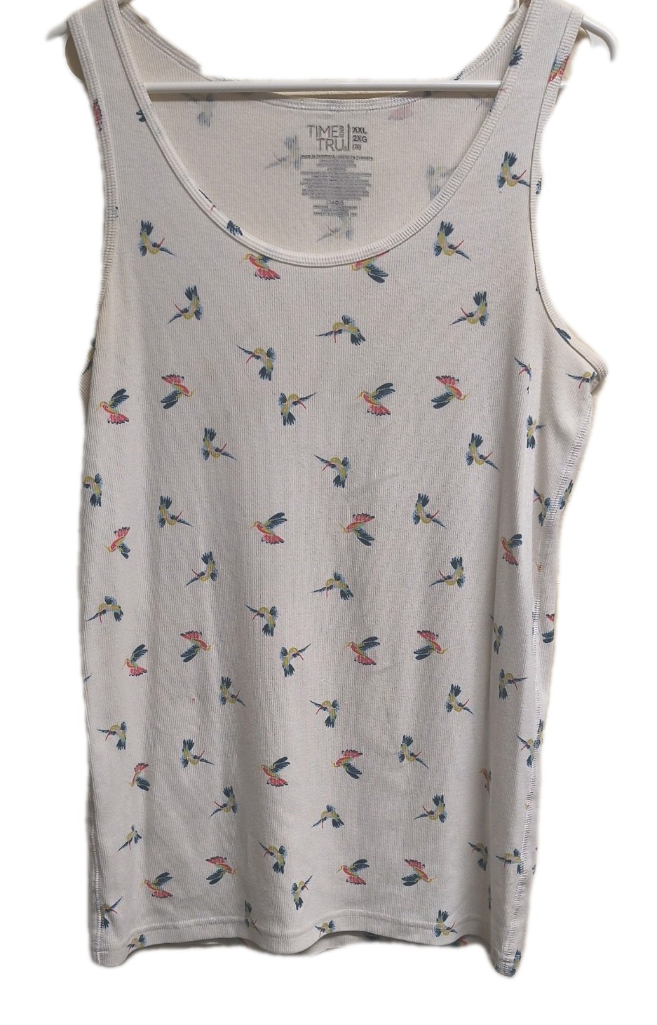 Women’s 2XL Time And Tru Ribbed Tank Humming Birds Fitted White