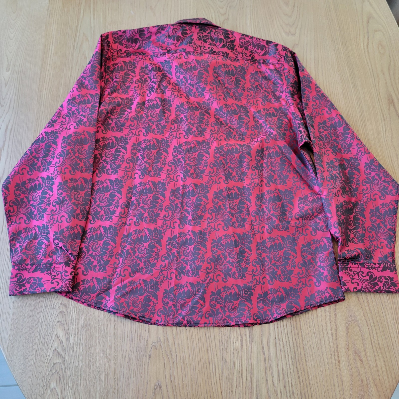 Barry Wang Long Sleeve Shirt 3XL Floral Red Black Metallic Shiny Silk Button Up