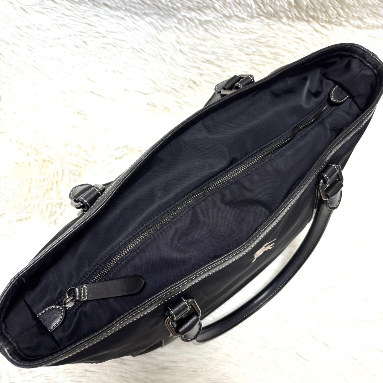 Burberry Blue Label Nylon Leather Tote Bag Horse Logo Black
