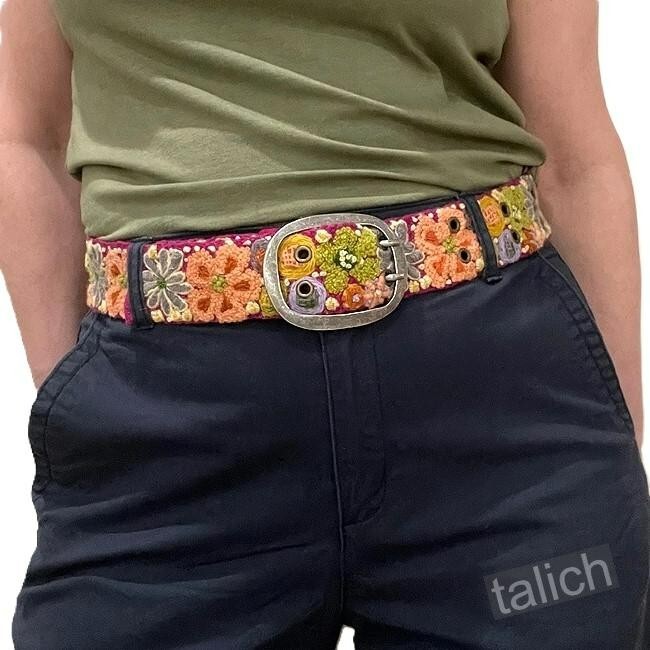 Jenny Krauss Wildflowers Multicolor Floral Embroidered Wool Belt Handmade S M L
