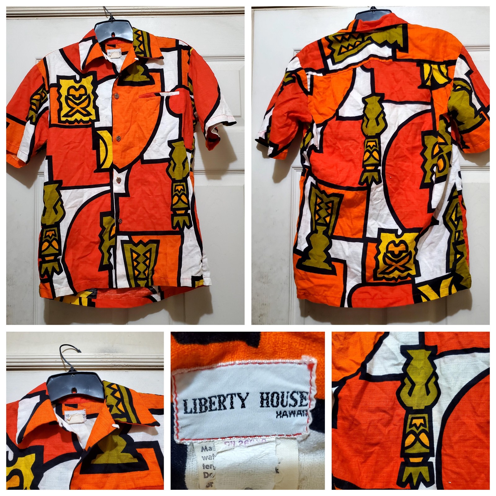 Vintage Liberty House Shirt Mens XS Orange Tiki Hawaiian Print Aloha Loop Collar