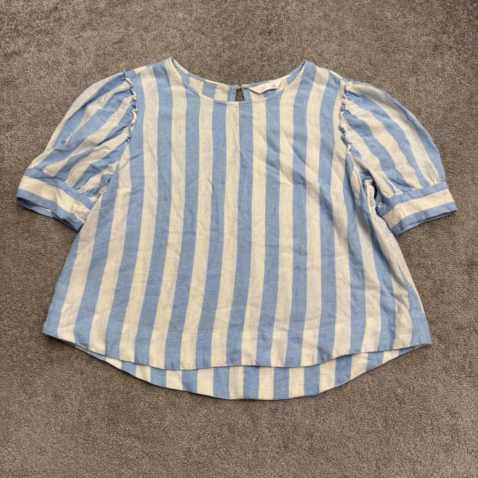 LC Lauren Conrad Striped Linen Blend Puff Sleeve Blouse Women Large Blue White