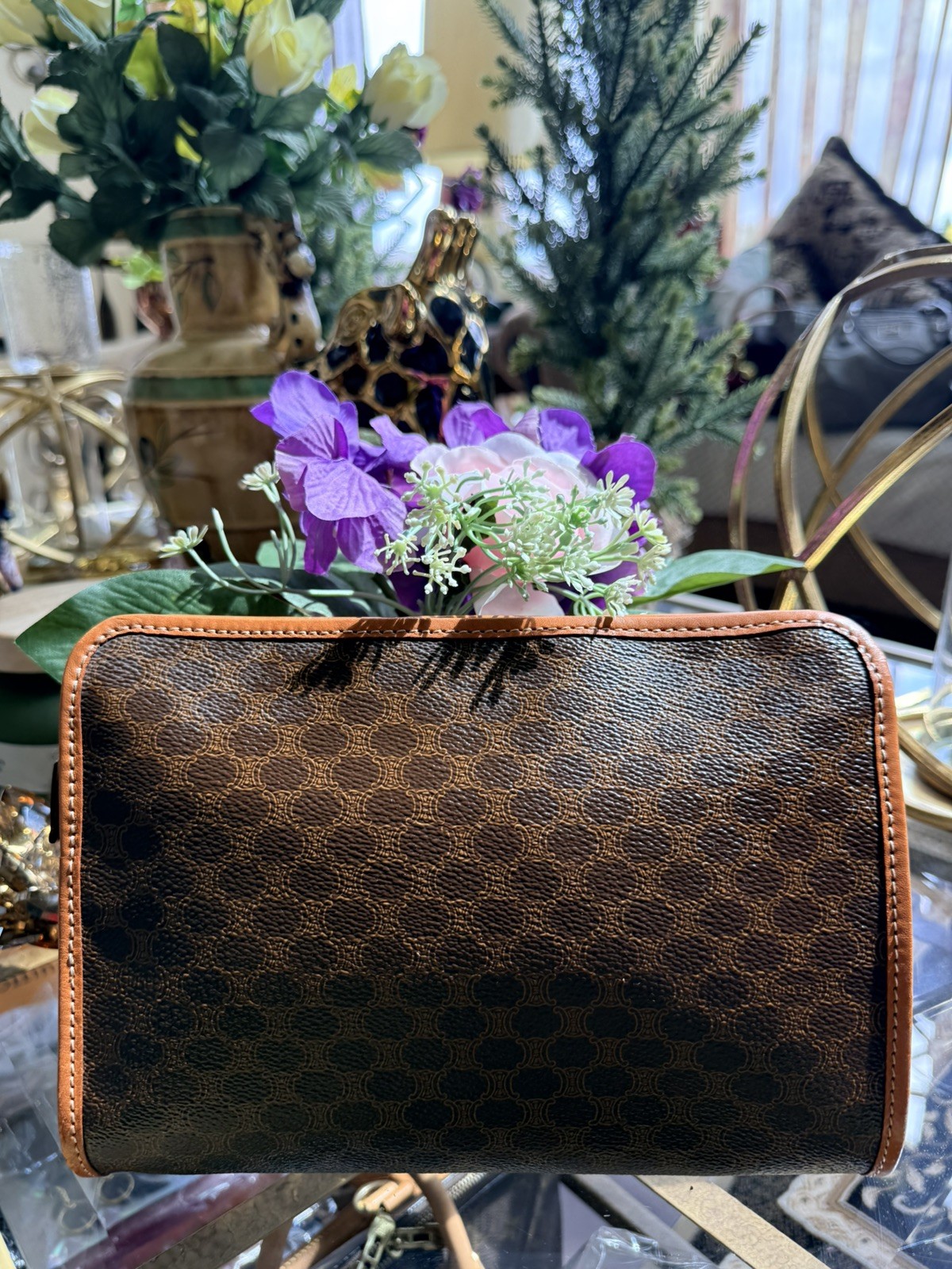Vintage Celine Macadam Zip Clutch Brown Canvas Leather