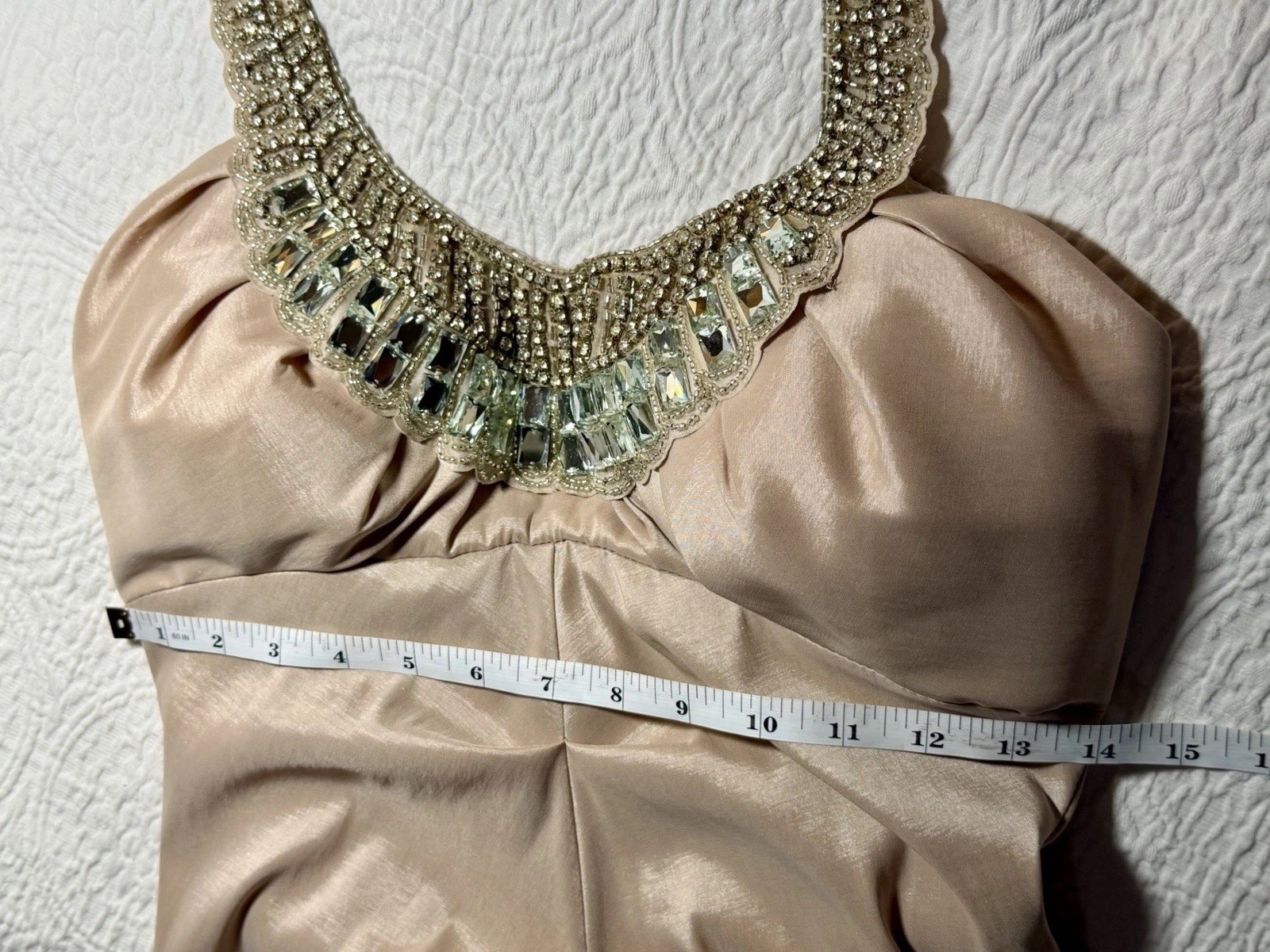 Champagne Halter Mermaid Prom Evening Gown Beaded Neckline Ruched Bodice 5/6