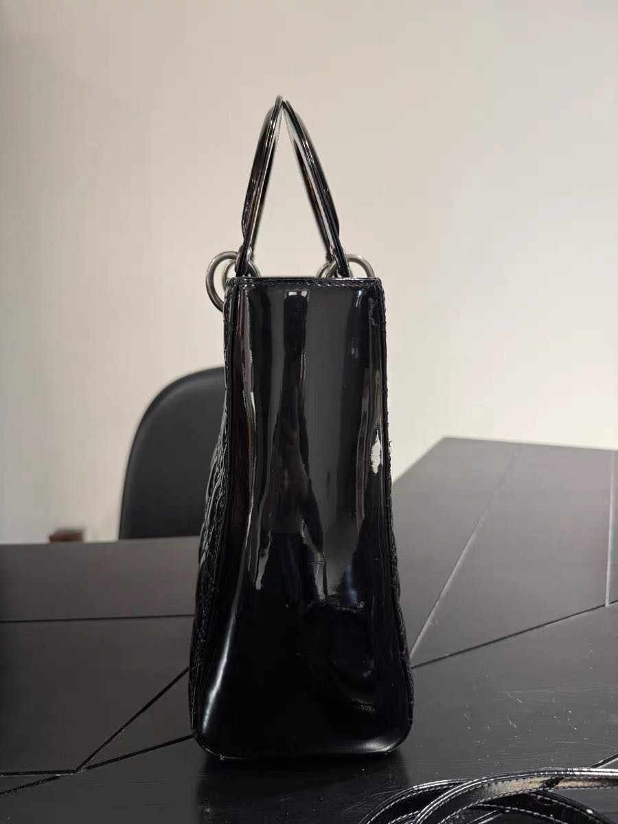 Authentic Christian Dior Black Patent Leather Lady Dior Bag