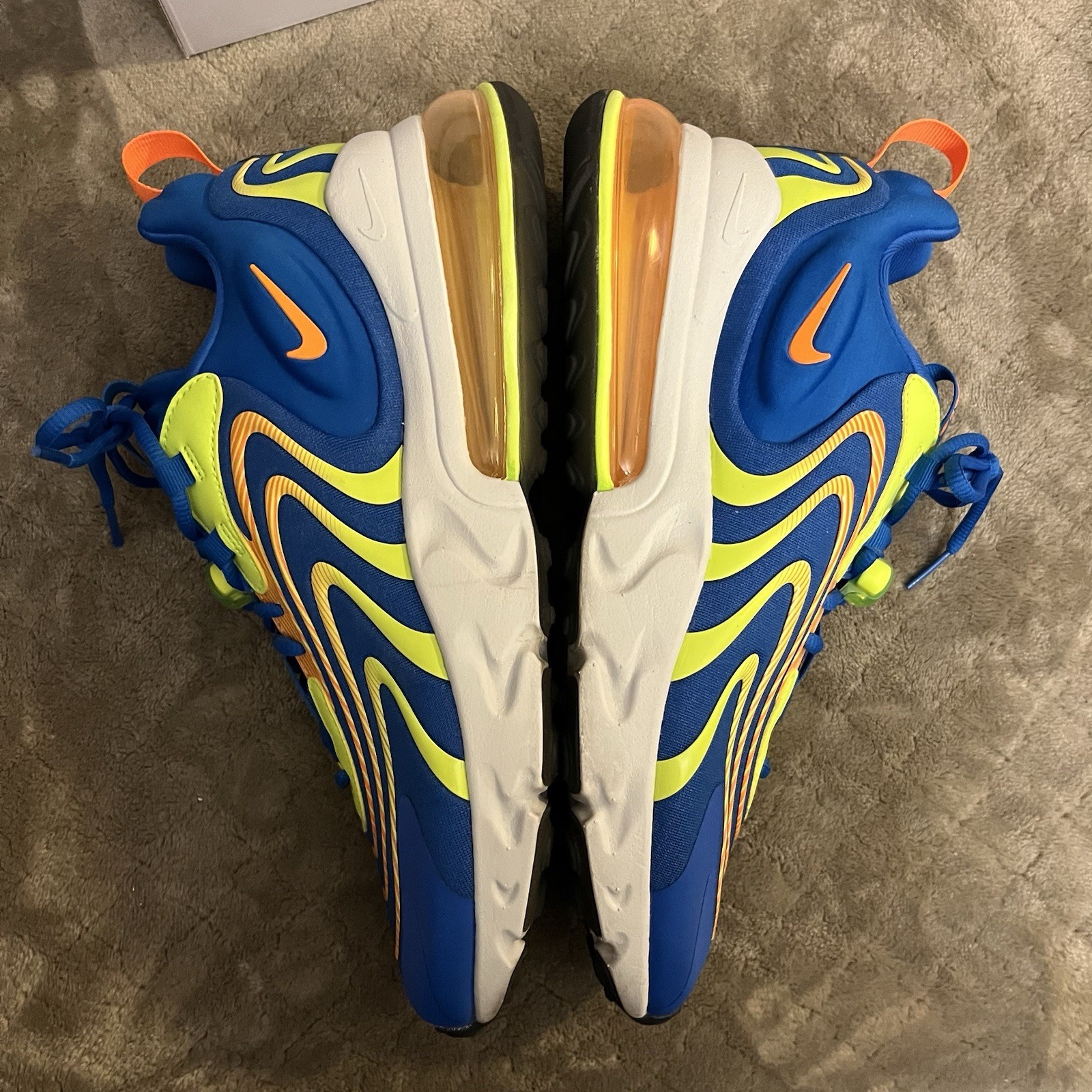 Size 11 – Nike Air Max 270 React ENG Blue w electric yellow & orange