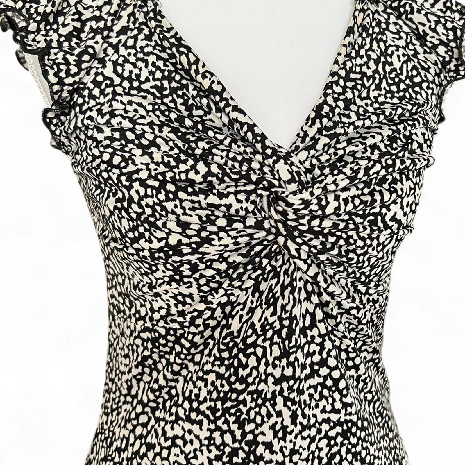 Morgan de Toi Y2K Black White Ruffle Mini Dres XS Ruched V Neck Tiered Skirt