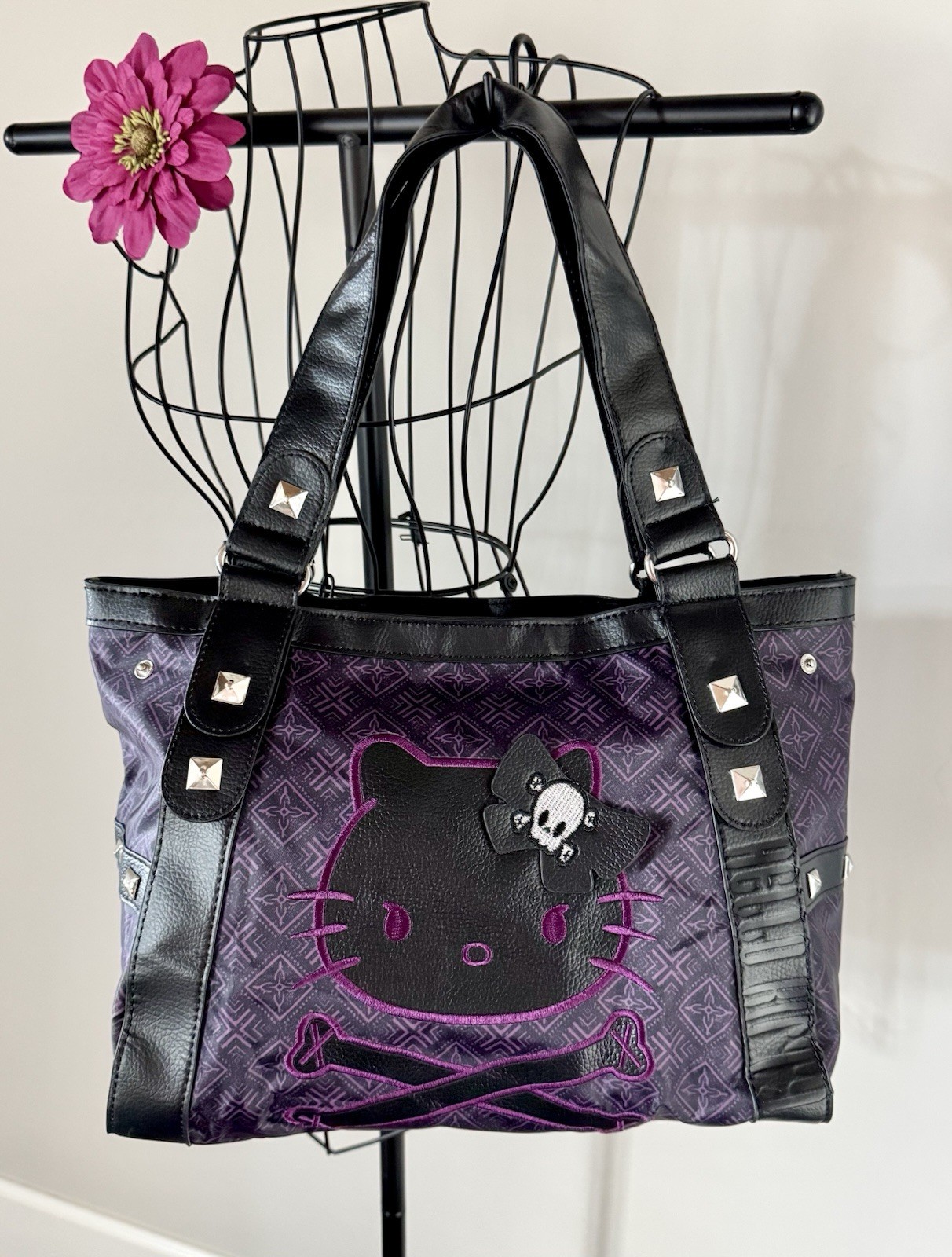 New Gothic Hello Kitty Purple & Black Skull Skeleton Handbag Purse 18” x 12”
