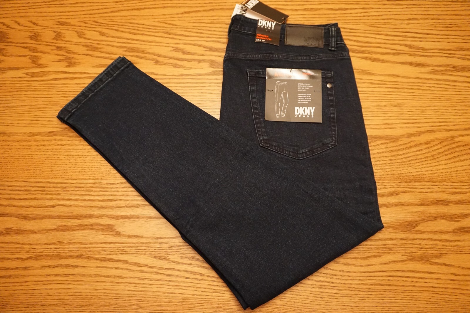 NWT MENS DKNY JEANS Size 38 x 30 Mercer Skinny Fit Below Waist Stretch Dark Blue
