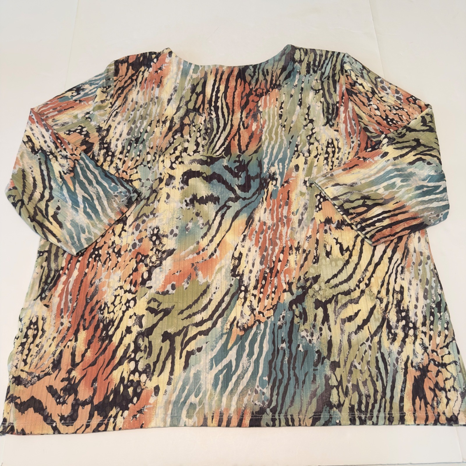 Alfred Dunner XL Abstract Animal Print Studded Neck 3/4 Sleeve Ribbed Knit Top