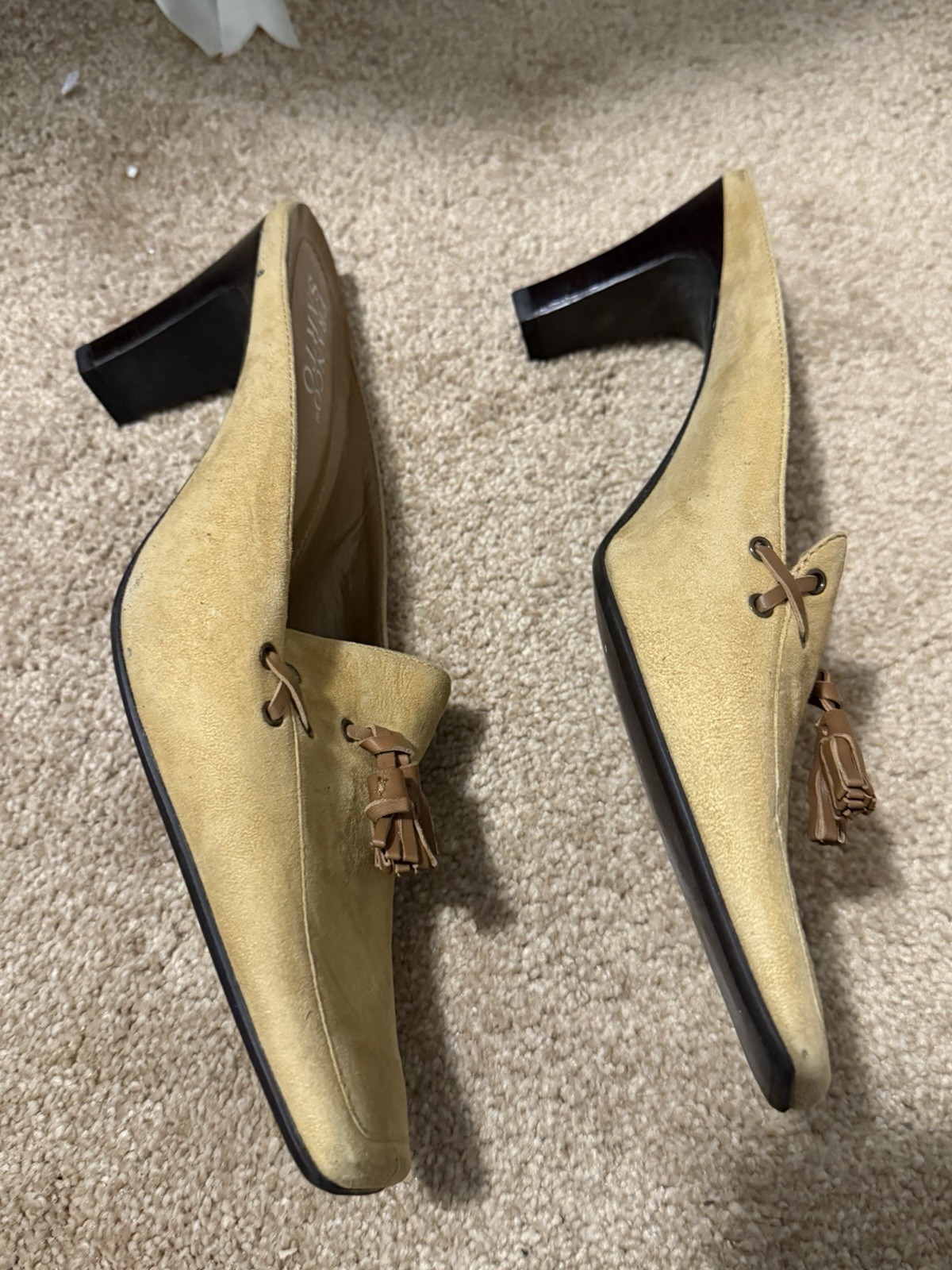 Franco Sarto Suede Tassel Loafer Heels Slip On Square Toe Beige 8M