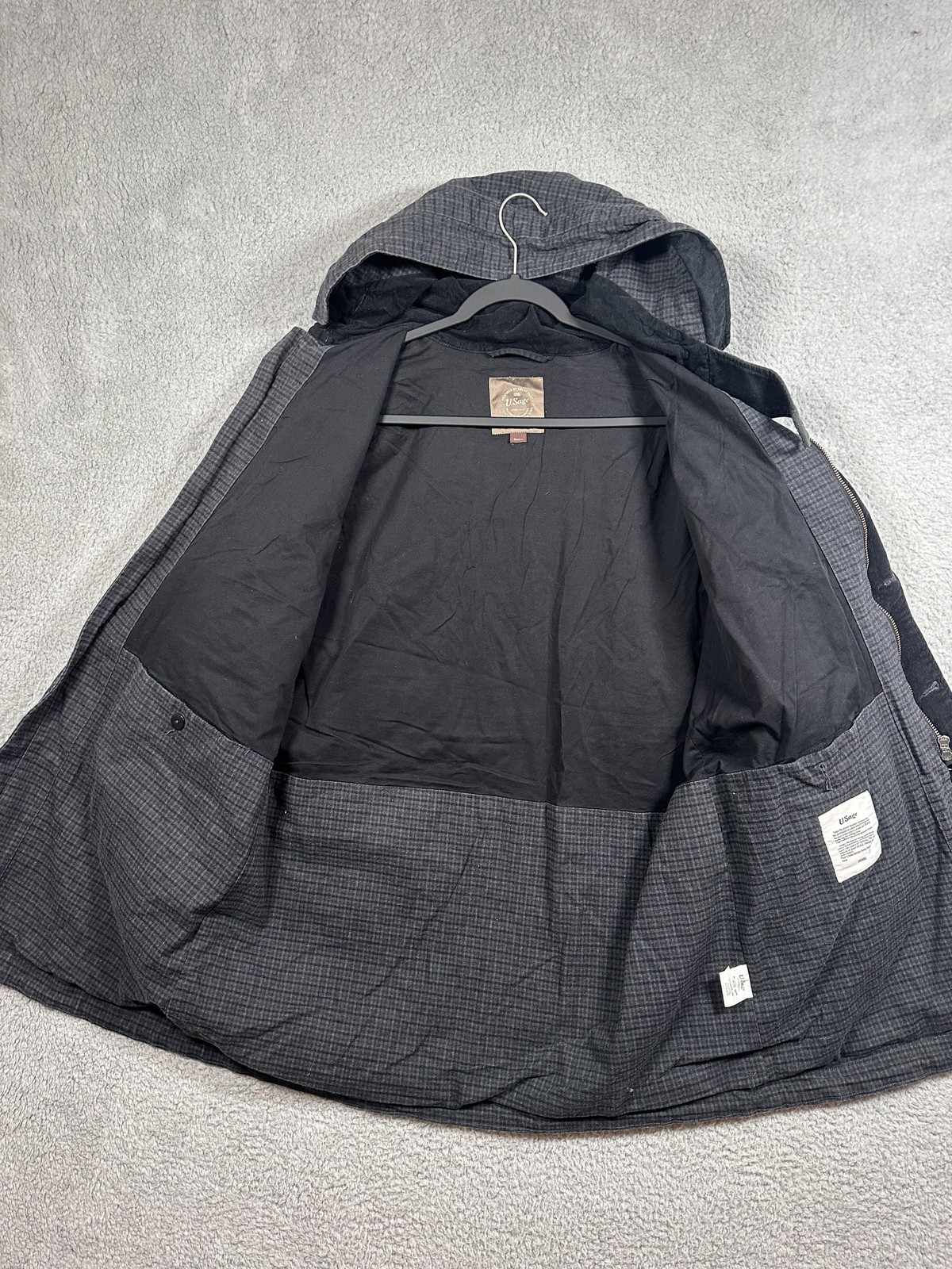 U.Sage Jacket Mens Small Gray Hooded Parka Belted Check Cotton Blend Casual