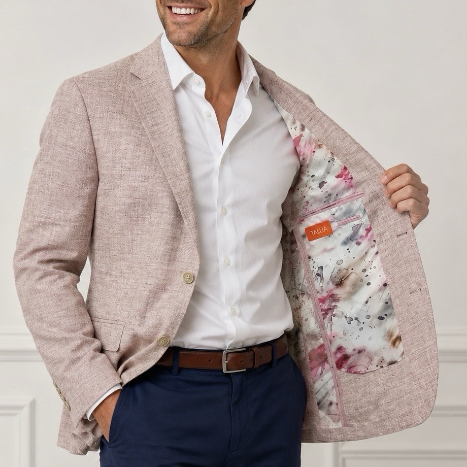 Tallia 48R Linen Sport Coat Blazer Pink Watercolor Floral Lining Pocket Square