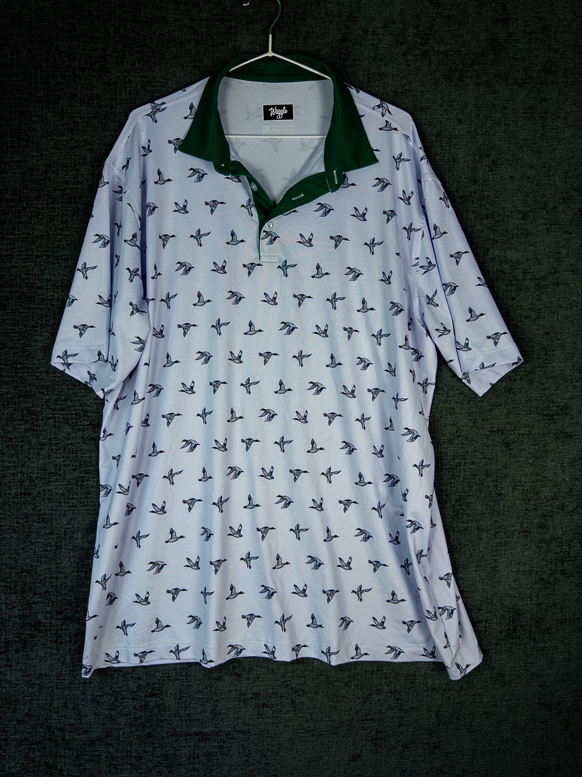 Waggle Golf Polo Shirt Mens 2XL White Mallard Duck Print Green Collar Stretch