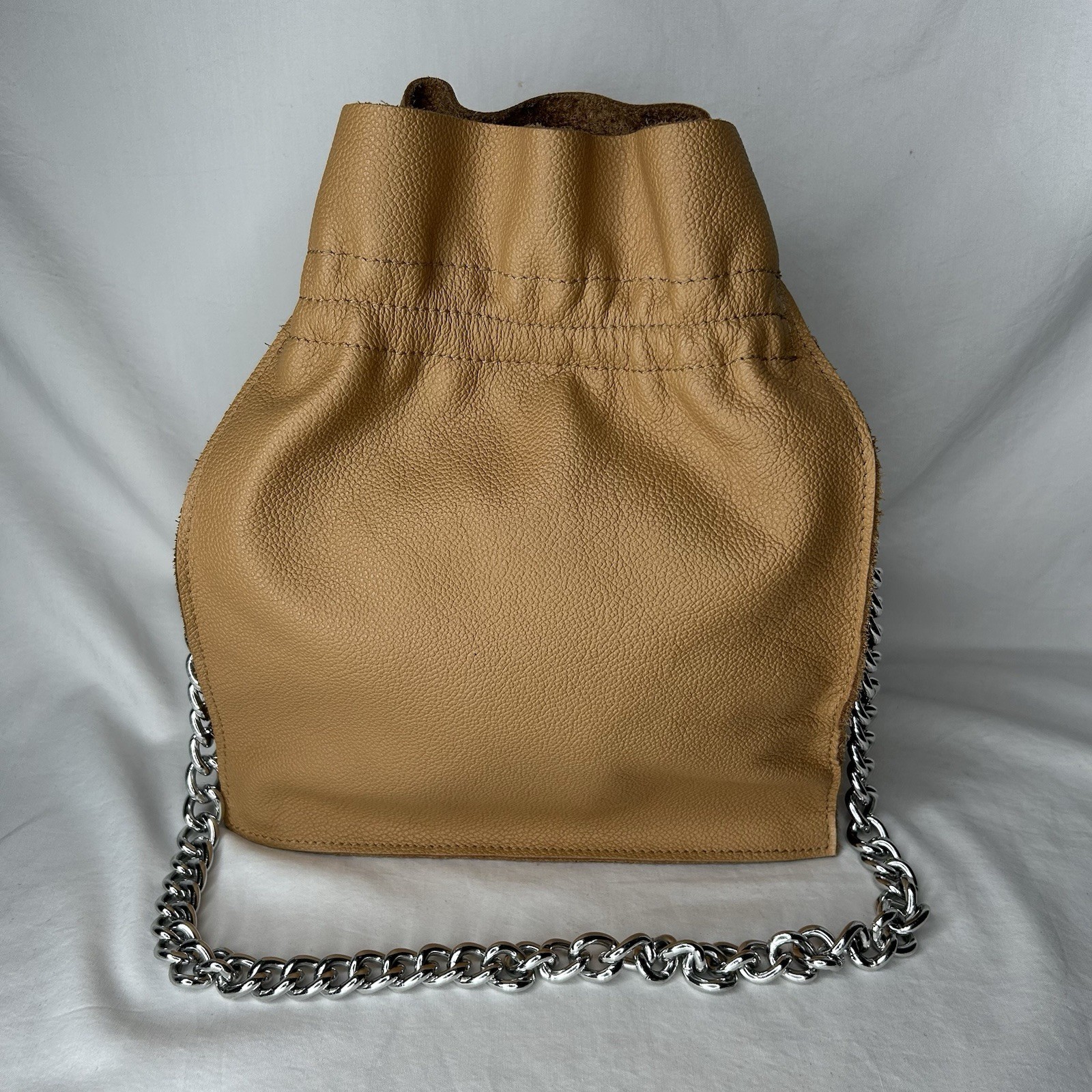 Falor Women’s Chain-Link Tan Leather Bucket Crossbody Bag Silver Tone Hardware