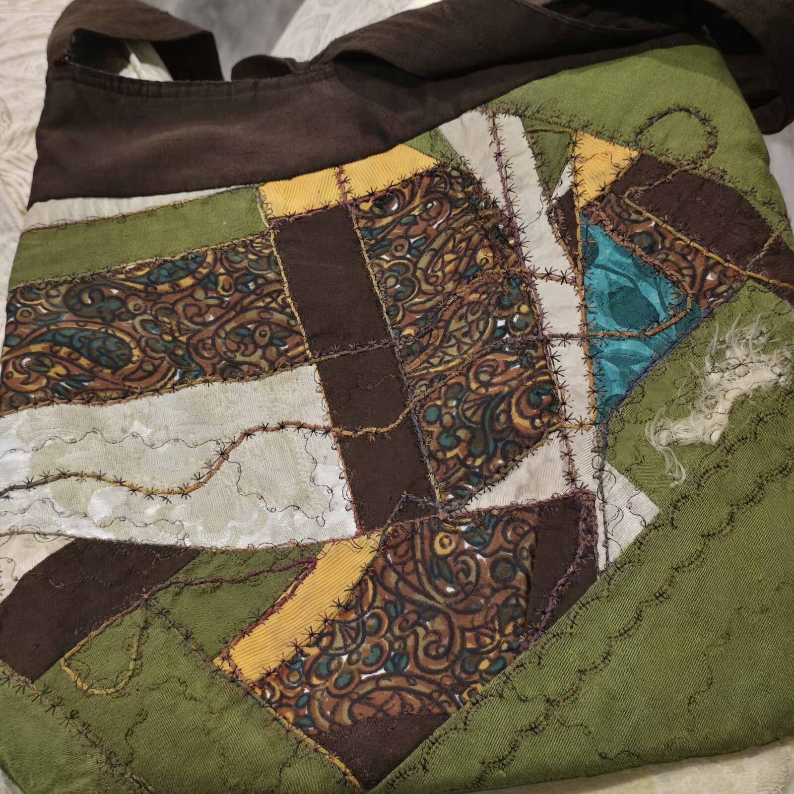Vtg Handmade Purse Bag Crossbody Boho Hippie Crazy Quilt Green Bown 15×16″ READ