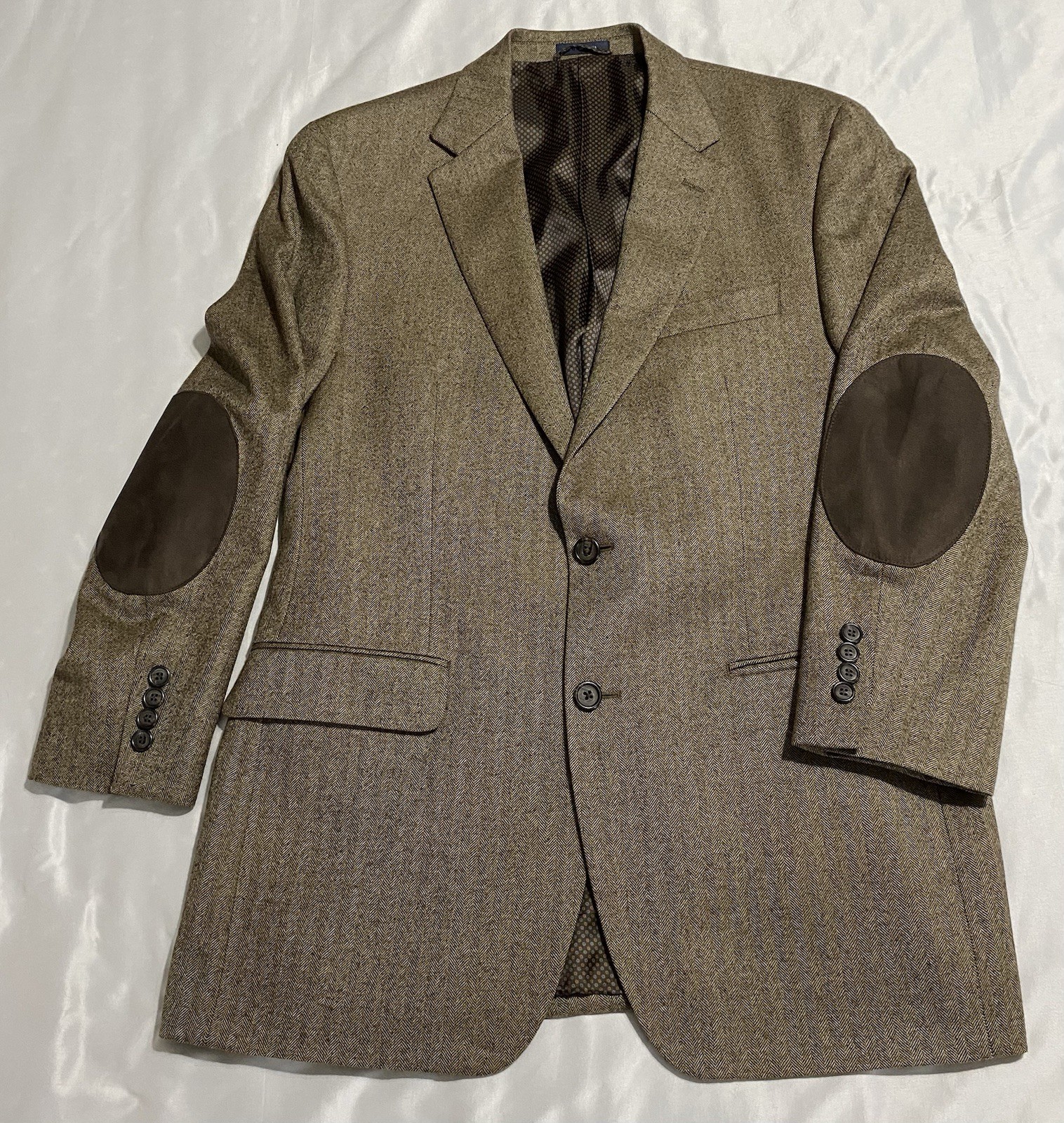 40R Wool/Cashmere Ralph Lauren Brown Herringbone Blazer Suede Elbow Patches