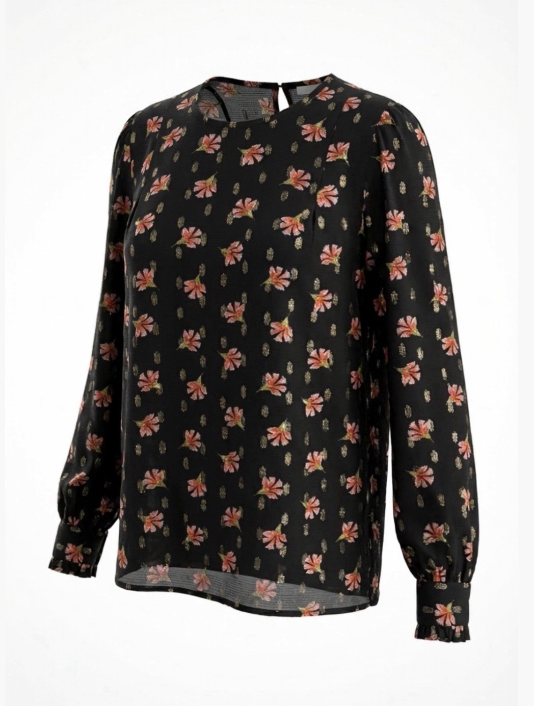 LOFT Blouse Womens Black White Floral Metallic Peplum Long Sleeve Top