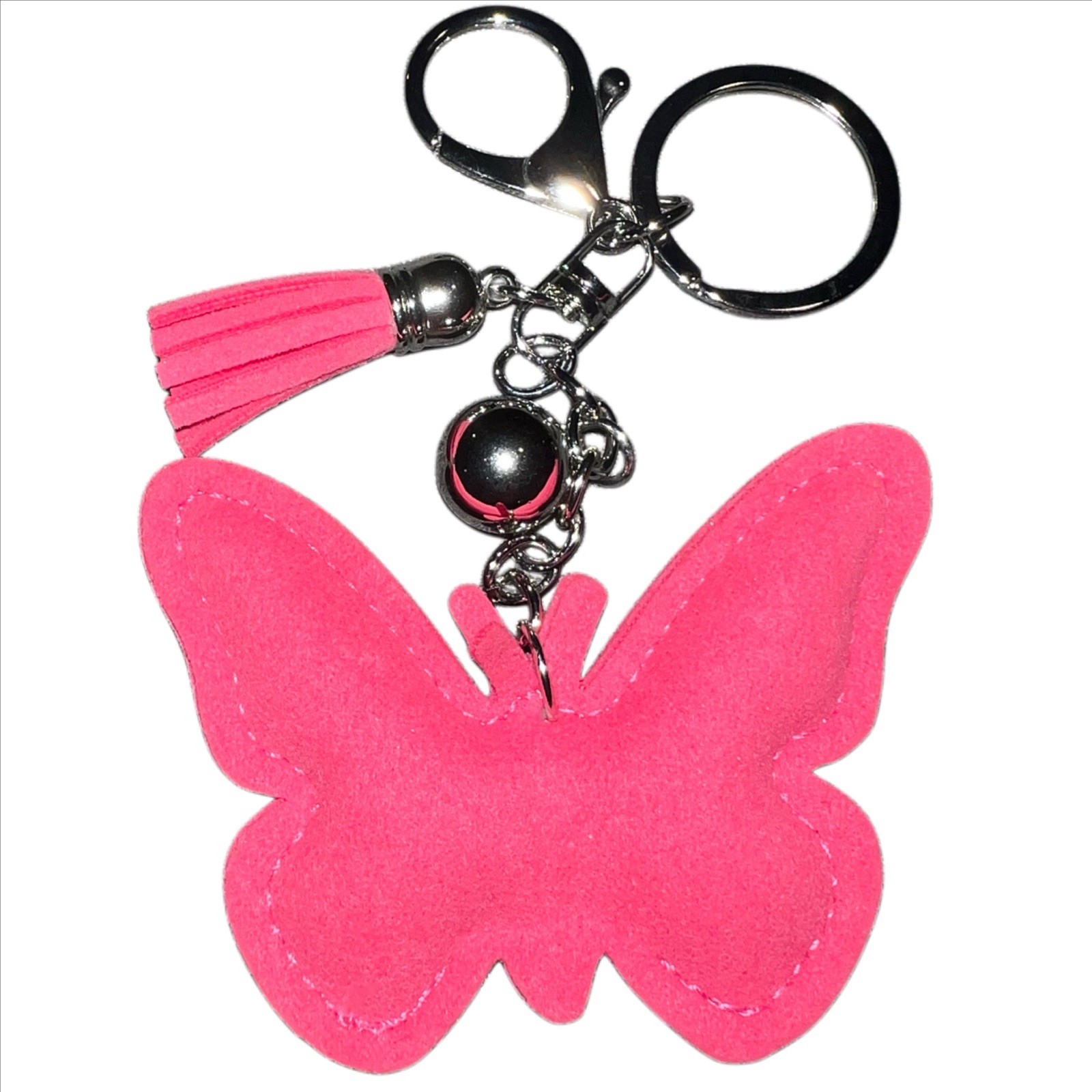 Rhinestone keychain/ bag charm. Butterfly. Pink/black. Tassel. Cute and sparkly.