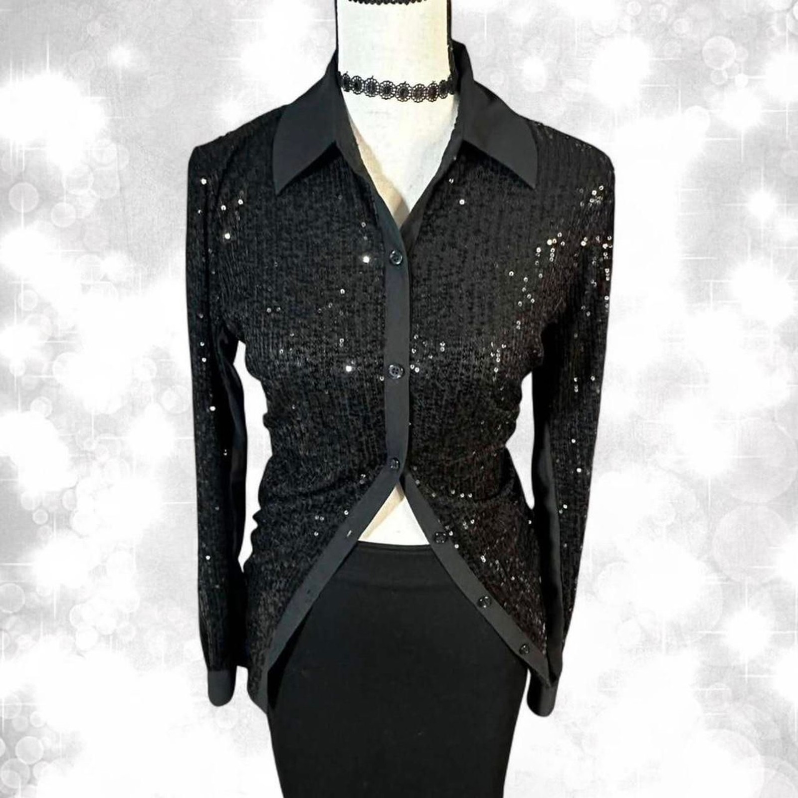 Glam goth girl sequins long sleeve button up top party wear 80s style