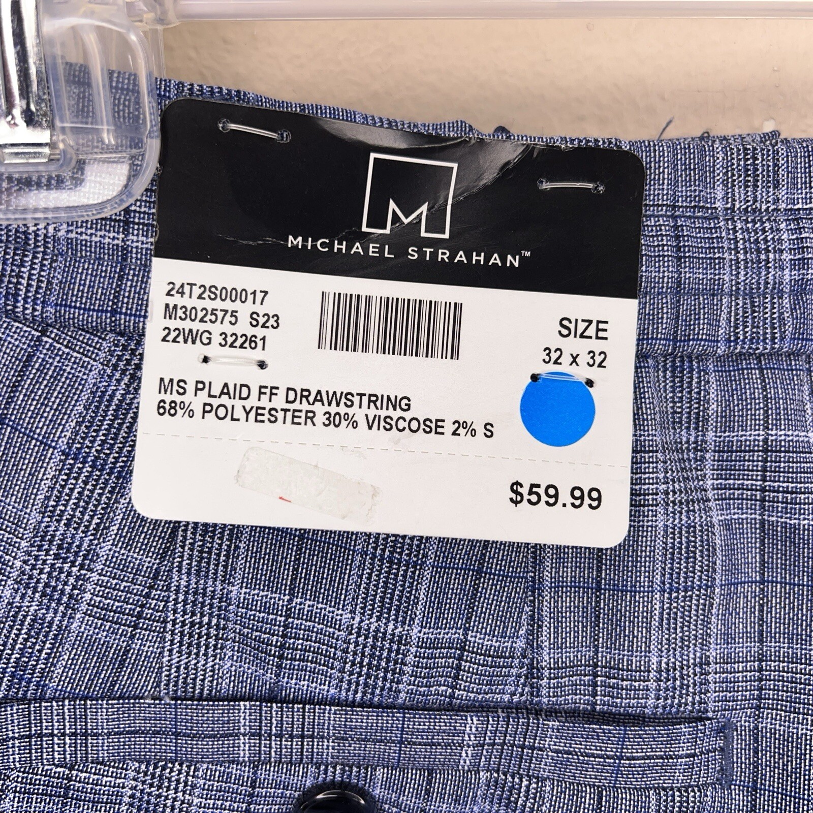 NEW 32×32 MICHAEL STRAHAN PANTS BLUE PLAID GOLF CASUAL DRAWSTRING