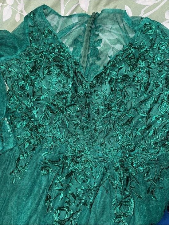 JJs House Dark Green Long Sleeve V-Neck Lace Evening Dress