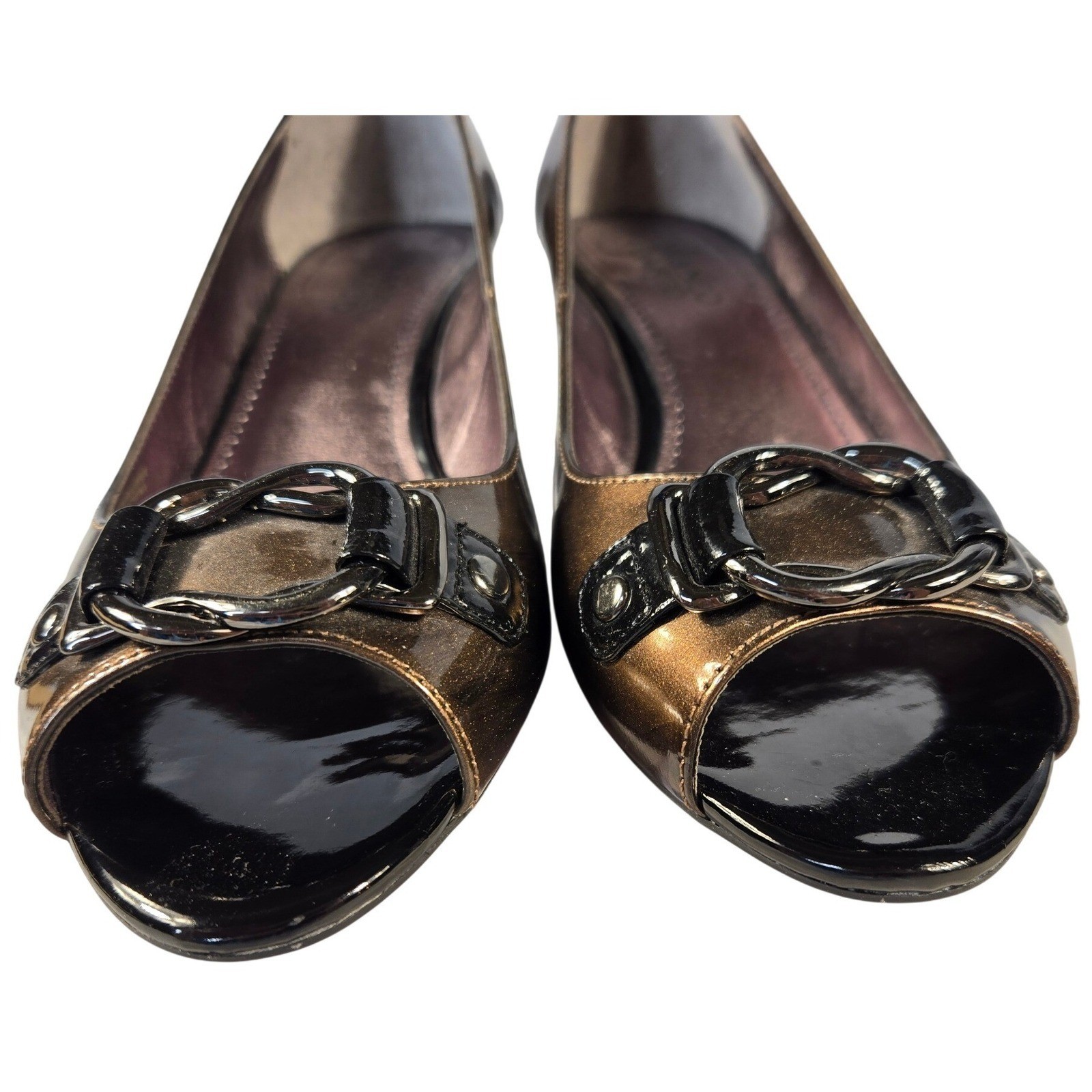 Franco Sarto Native Womens 8M Bronze Metallic Leather Peep Toe Buckle Heel Pumps