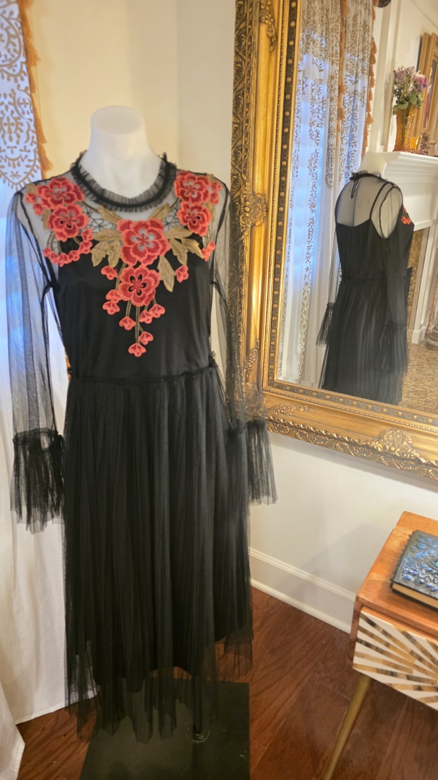 Hesperus Black Mesh Floral Embroidered Sheer Long Sleeve Midi Dress Women Party