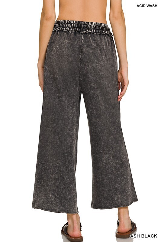 SIZE SML ZENANA ASH BLACK MINERAL WASH FRENCH TERRY WIDE LEG PANTS/CROP BHCS