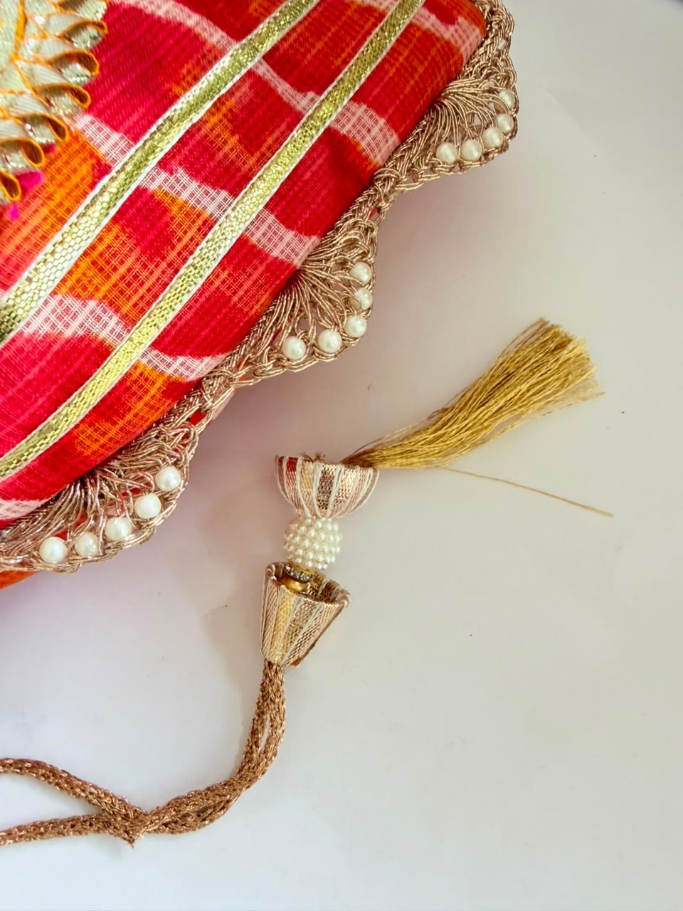 Indian Red Leheriya Gotta Handwork Flower with Pearl Lace and Handle Potli Bag