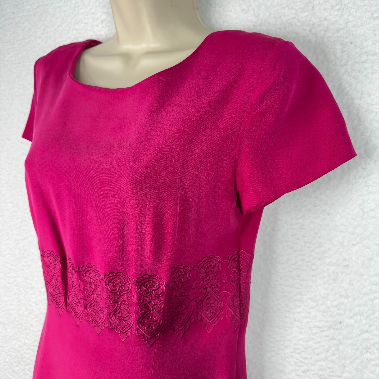 Vintage Talbots Silk Midi Sheath Dress Pink Embroidered Waist Y2K Petite Size 8P
