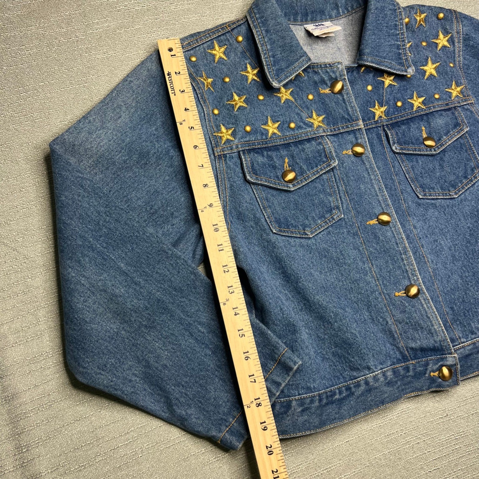 Vintage Monique Jeans Denim Jacket Gold Star Studded Western Medium Wash USA 7/8