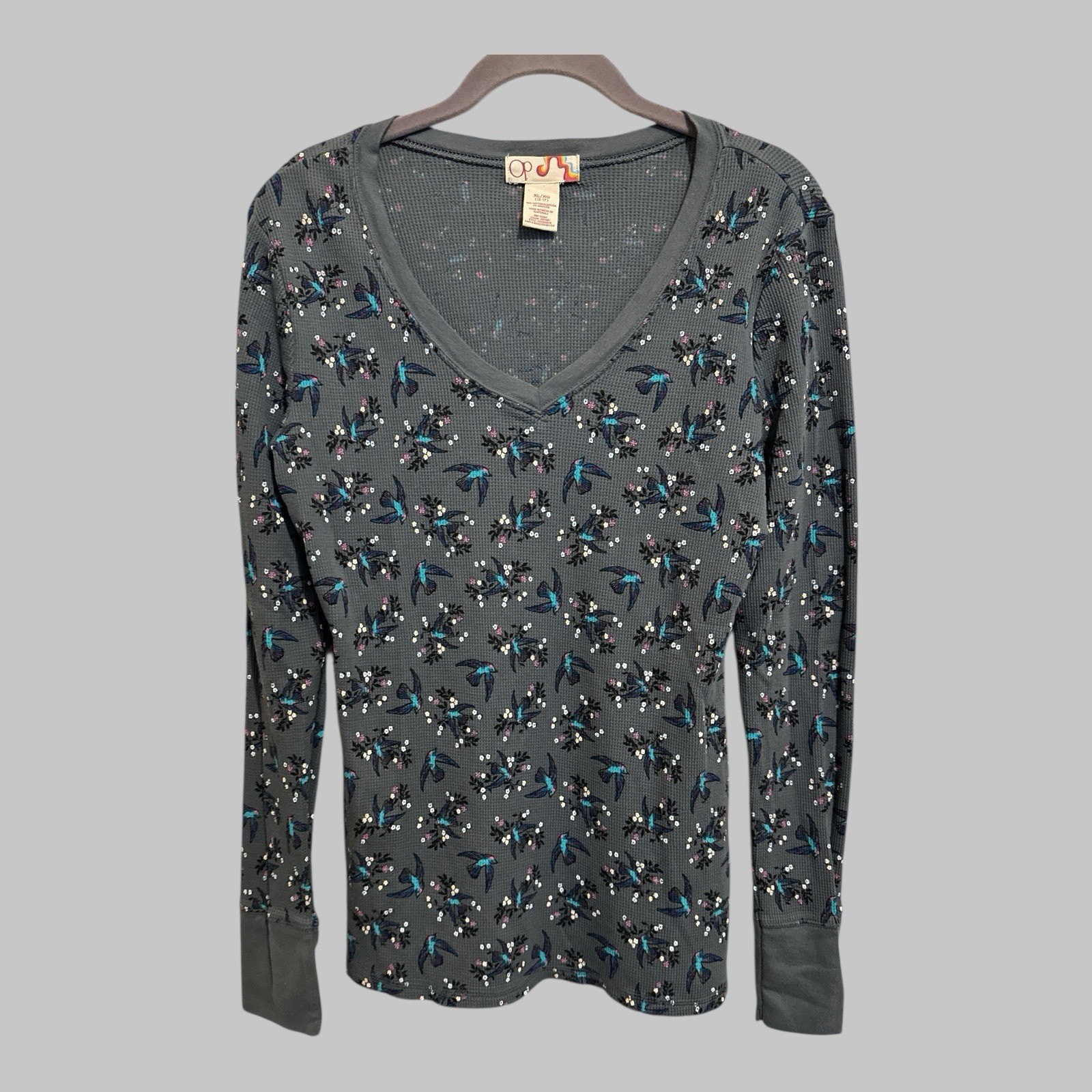 OP Y2K Womens Top Size XL Thermal Waffle Knit Soft Grey Boho Bird Floral Top