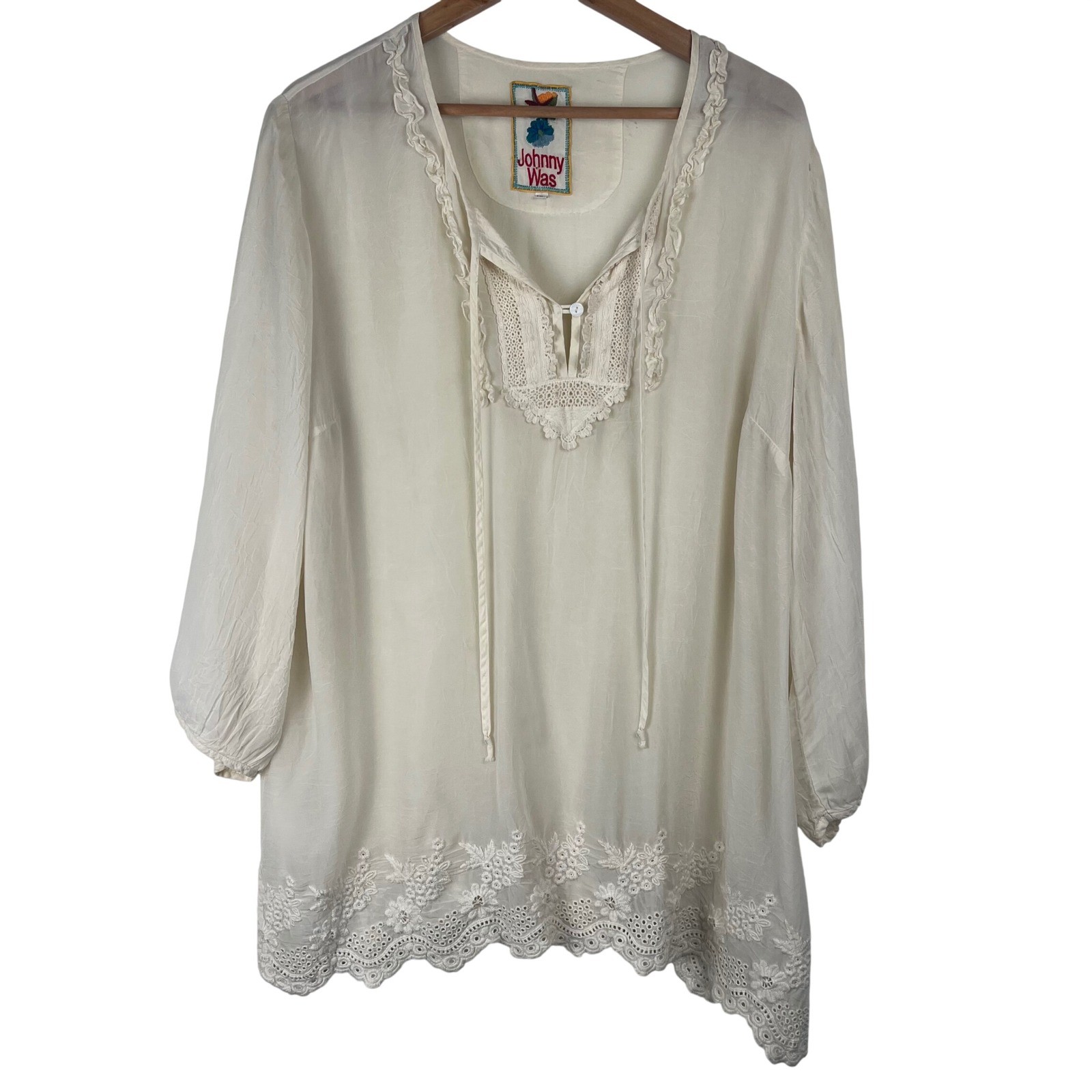 Johnny Was Ivory Eyelet Embroidered Lace Trim Boho Peasant Blouse XL Off White