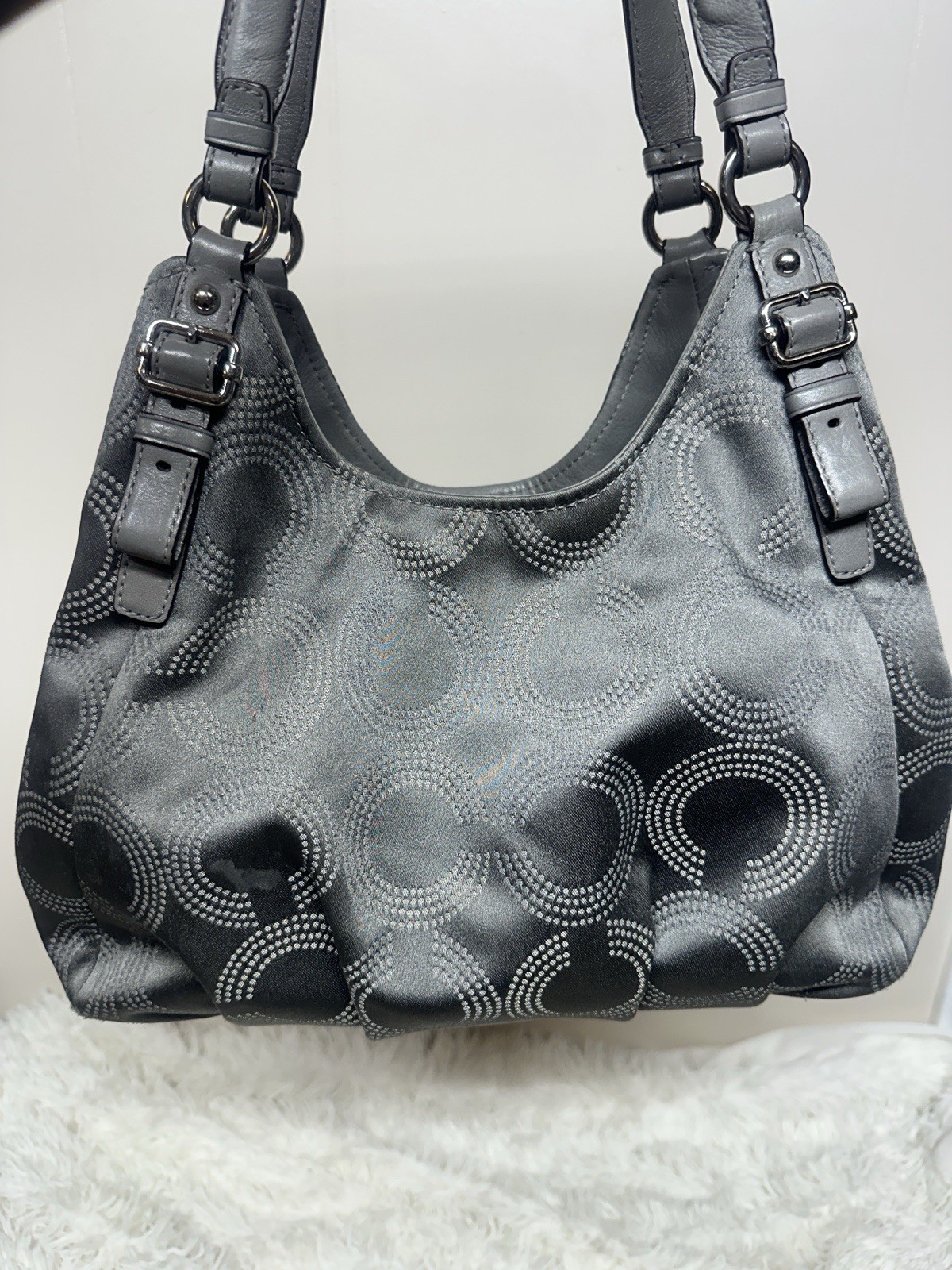 Coach Madison Maggie Dotted Op Art Gray & Silver Sateen Hobo Shoulder Bag