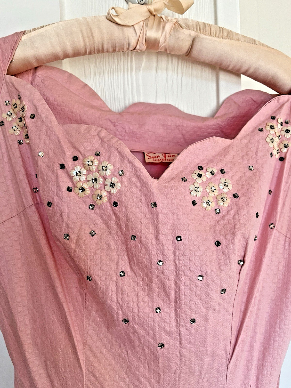 Orig 50s Pinup Dress Pink Cotton Rhinestone Swing Skirt Sun Fun California SM