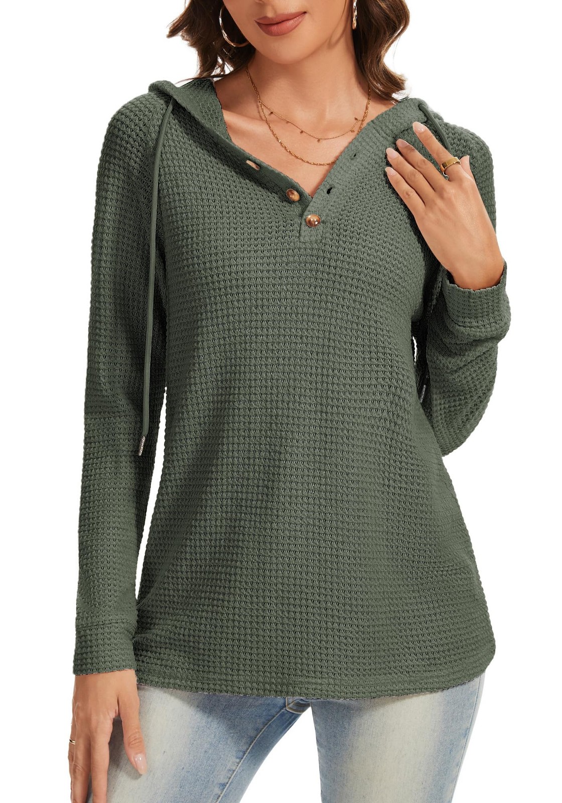 Dimur Waffles Knit Pullover Tops Christmas Drawstring Hoodie Medium, Green