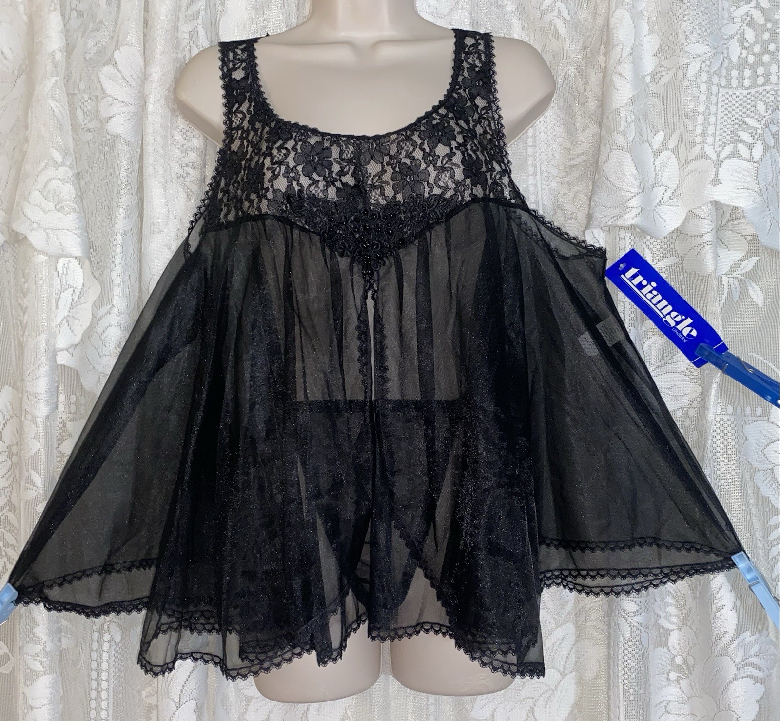 VTG NWT 1X Black Fancy Full Sheer Db Chiffon Babydoll Nightgown w Panty SET USA