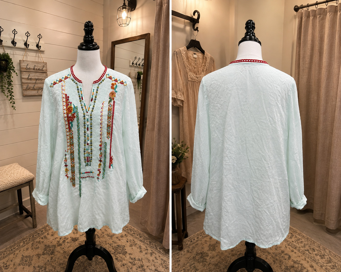 Johnny Was 59 W Size M mint blouse with teal and pink embroidery